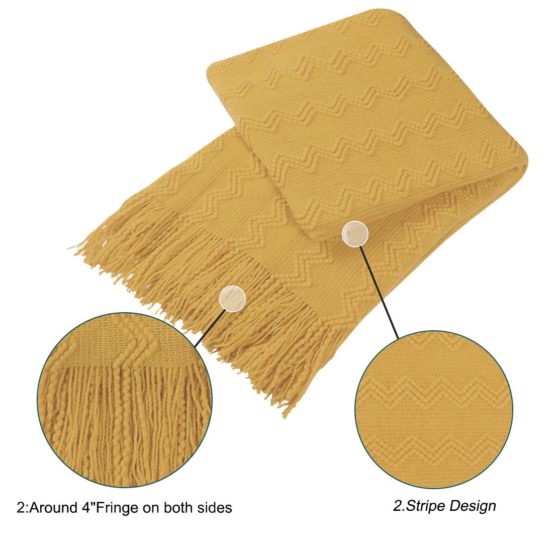 Wavy Pattern Decorative Knit Throw Blanket with Tassels, 50" x 60", Old Gold