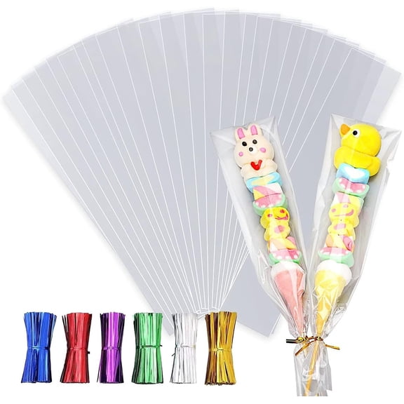 100Pcs Cellophane Treat Bags 3 X 11 Inches Clear Long Flat Gift Wrap Clear Pretzel Bags with 6 Mix Colors Twist Cake Pop Cello Goodie Treat Party Cookies Packaging