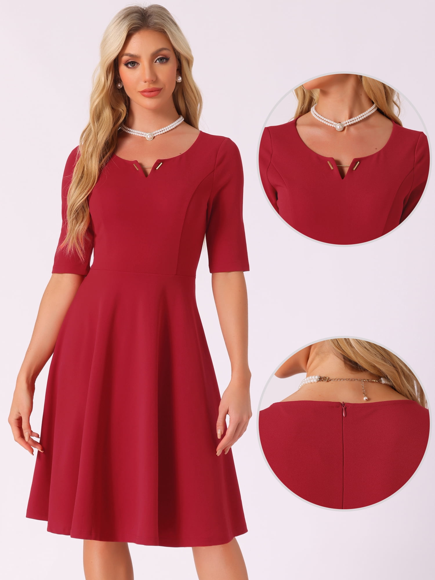 DARING DIVA Elegant A-Line Work Casual Midi Dress M Red