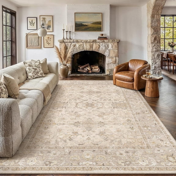 8 ft x 10 ft Beige Vintage Washable Non Slip Low Pile Area Rug