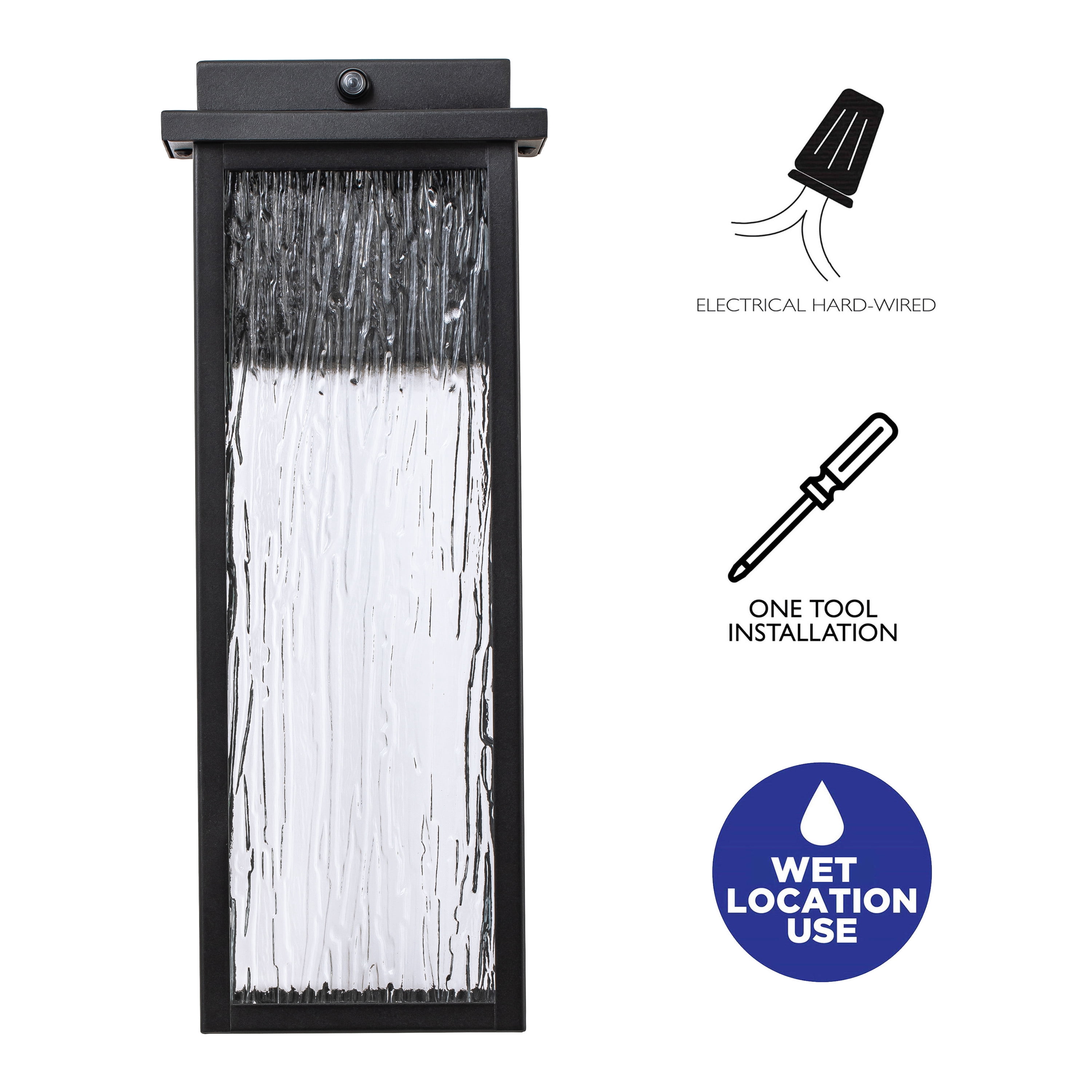 C Cattleya Matte Black Dusk to Dawn LED Outdoor Wall Light with Ripple Tempered Glass Shade(2-Pack)