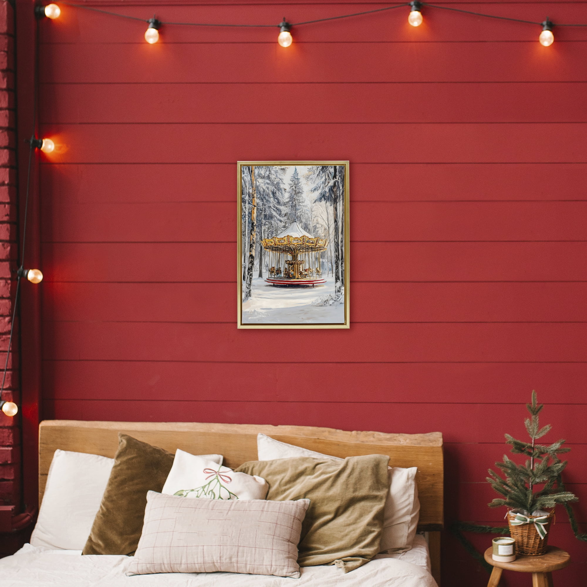 Winter Wonderland Carousel Gold Framed Floater Canvas Wall Art, design by Petal Prints Design