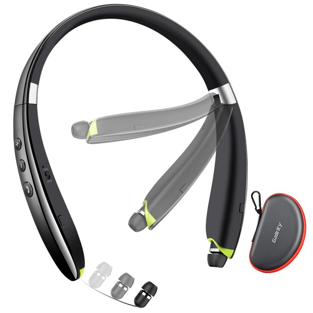 bluetooth headset, 2024 upgraded neckband bluetooth headphones with retractable earbuds, noise cancelling stereo earphones with mic, foldable wireless headphones for sports office with carry case Vista 3/4 de un neckband Galirity negro con acentos contrastantes; banda en U flexible, controles físicos en el brazo izquierdo, audífonos intraurales retráctiles con puntas de silicón intercambiables (tres tamaños), micrófono integrado y estuche de transporte incluido. Diseño plegable y compacto, a menudo usado para guardar auriculares al viajar.