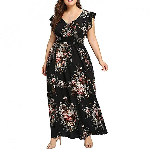 Jophufed Summer Womens Plus Size Dresses 2025 Boho Flower Print Maxi Long Dress Deep V-Neck Sleeveless Dresses for Women Party Elegant