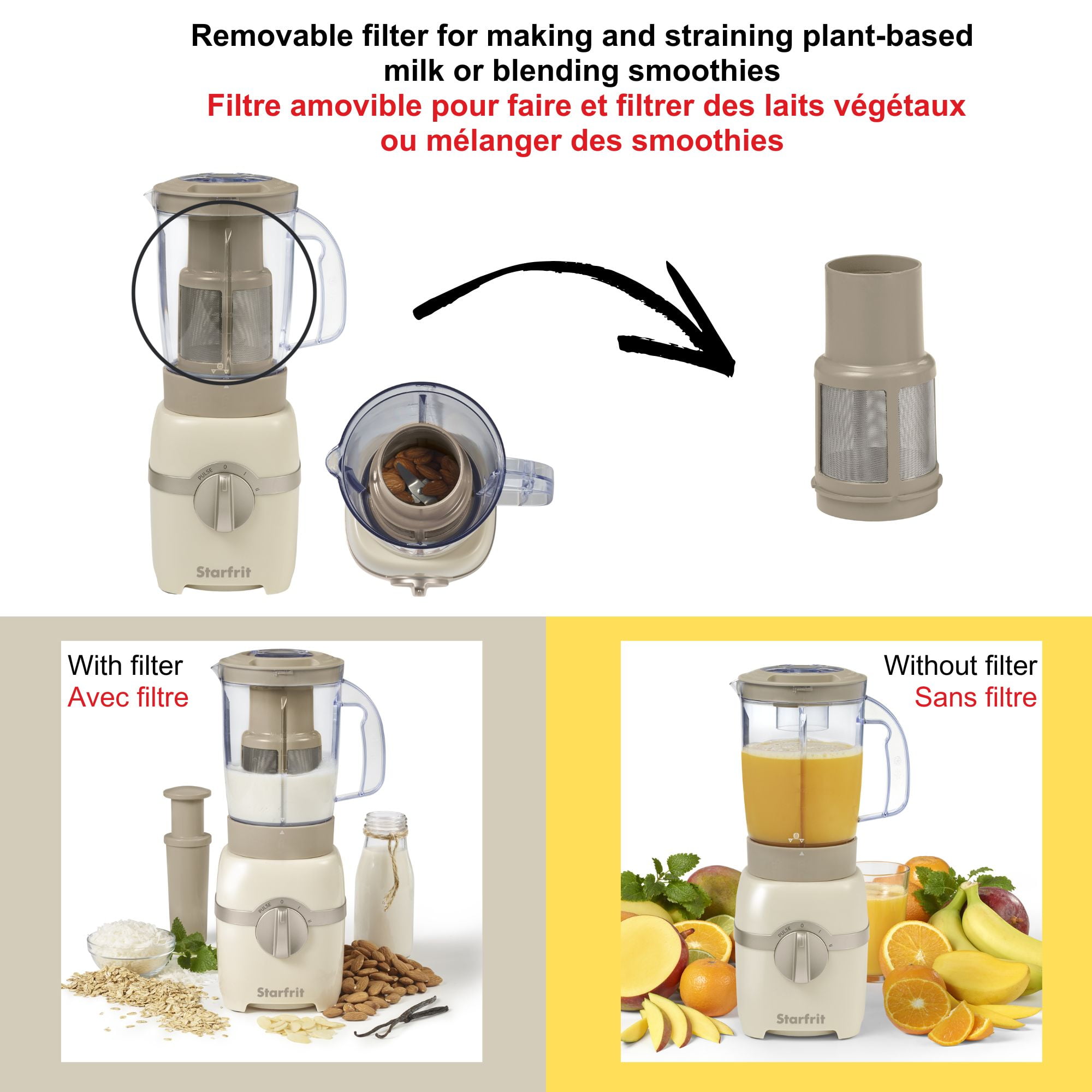 Starfrit Mélangeur de lait de noix et smoothie – Capacité de 828 ml – Lame en acier inoxydable – Filtre amovible – Capuchon de mesure – 300 Watts Mélangeur à lait de noix blender