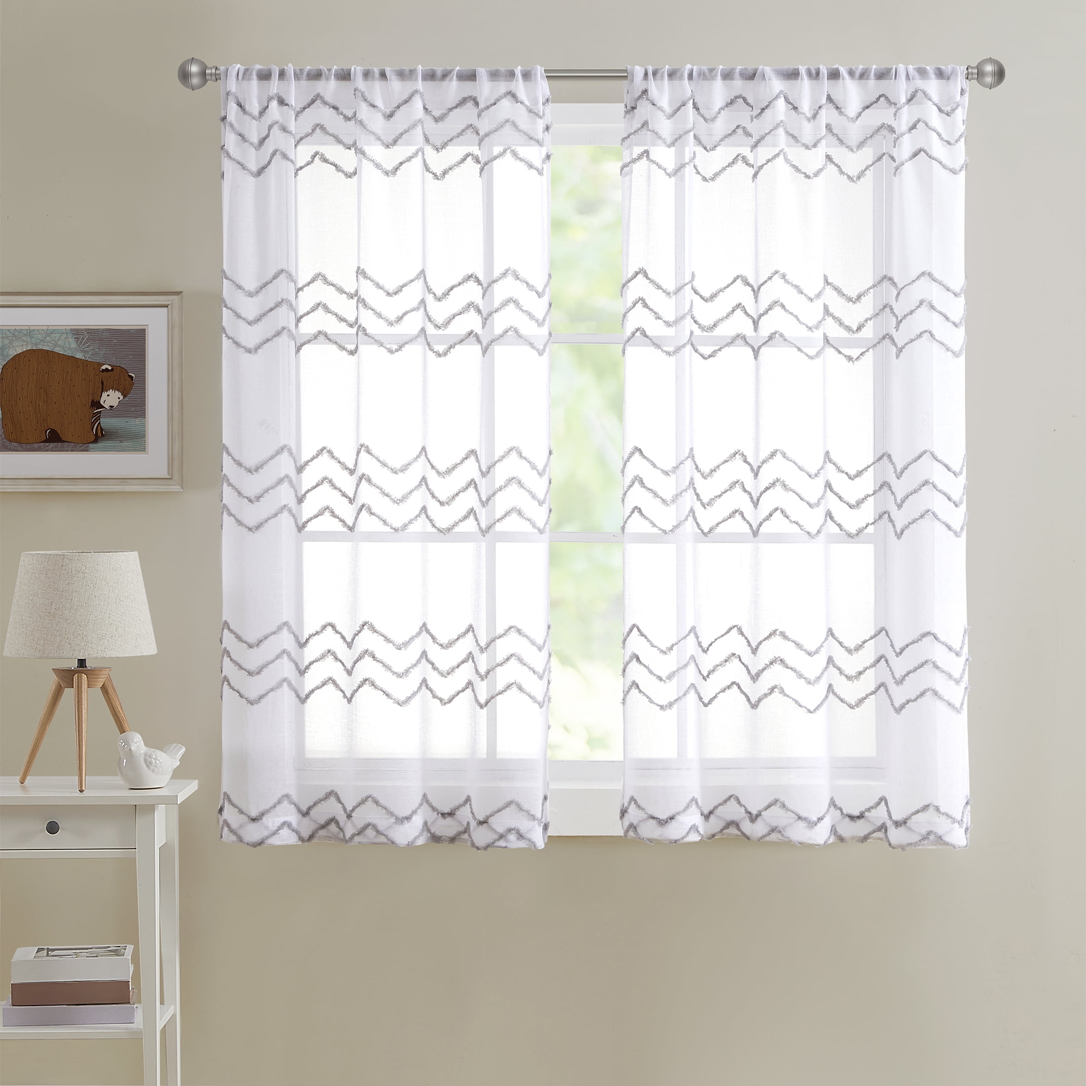 Your Zone White/Grey Tufted Chevron Rod Pocket Sheer Curtain Panel, 38" x 54"