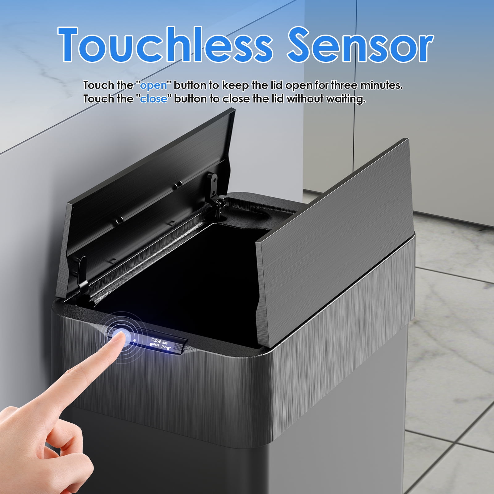 Arlopu Automatic Trash Can 16 Gallon Wings Open Lid Sensor Garbage Can with Soft-Close Lid and Display Light