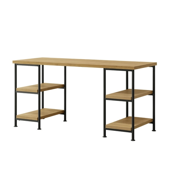 Nmkwnr Wood Computer Desk with 4 Open Shelves, Writing Table for Living Room, Office
