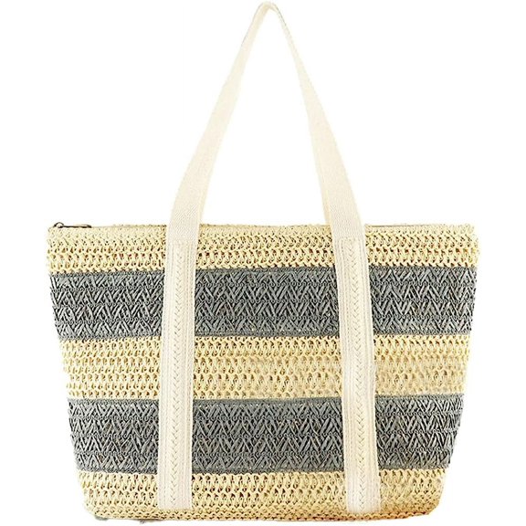 Kukuzhu Women Stripe Straw Tote Bag Large Handmade Woven Beach Bag Summer Elegant Travel Shoulder Bag