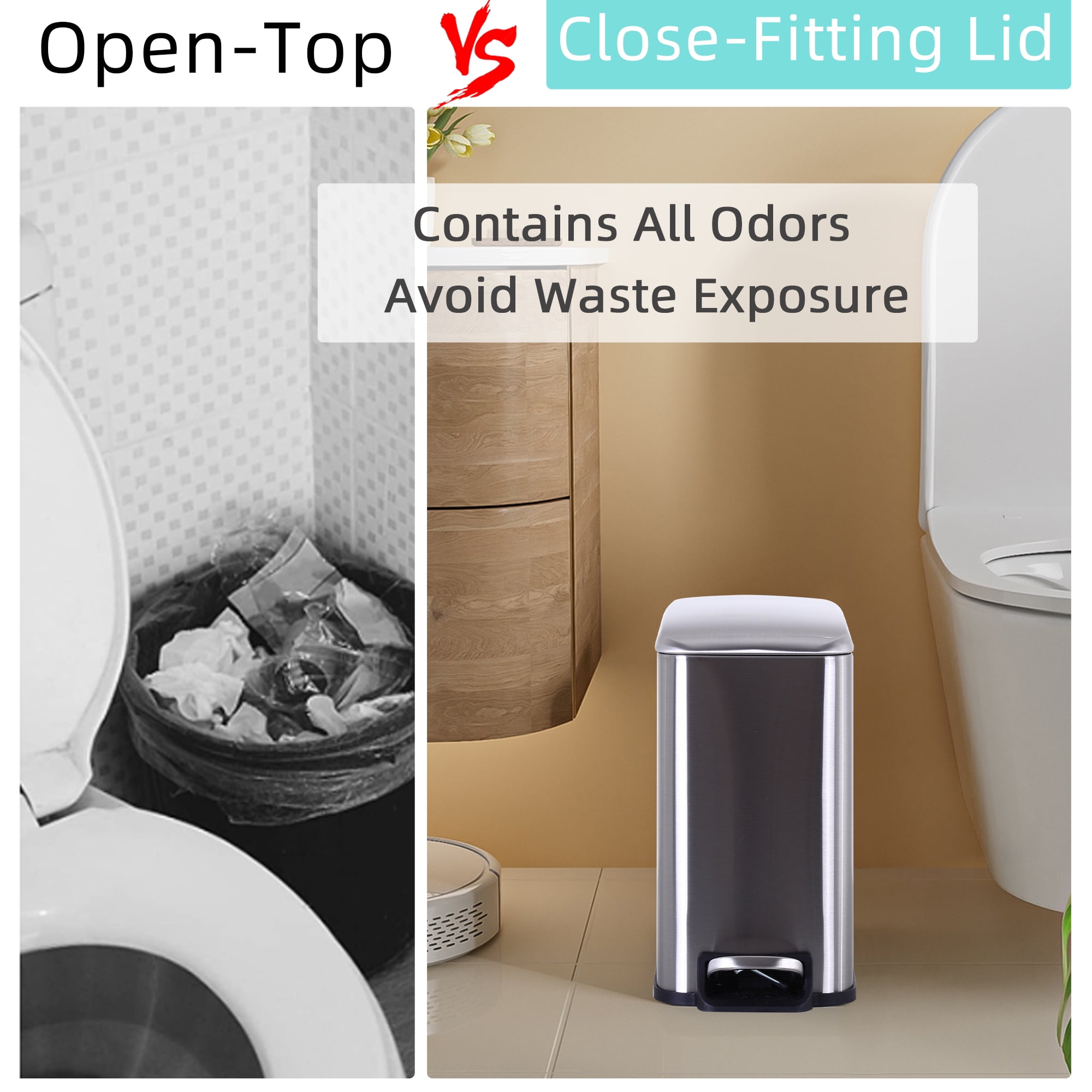 CL.HPAHKL Small Bathroom Trash Can with Soft Close Lid, 1.3 Gallon Stainless Steel Garbage Can with Removable Inner Bucket, Foot Pedal, Mini Trash Bin for Toilet, Home Office (Silver)