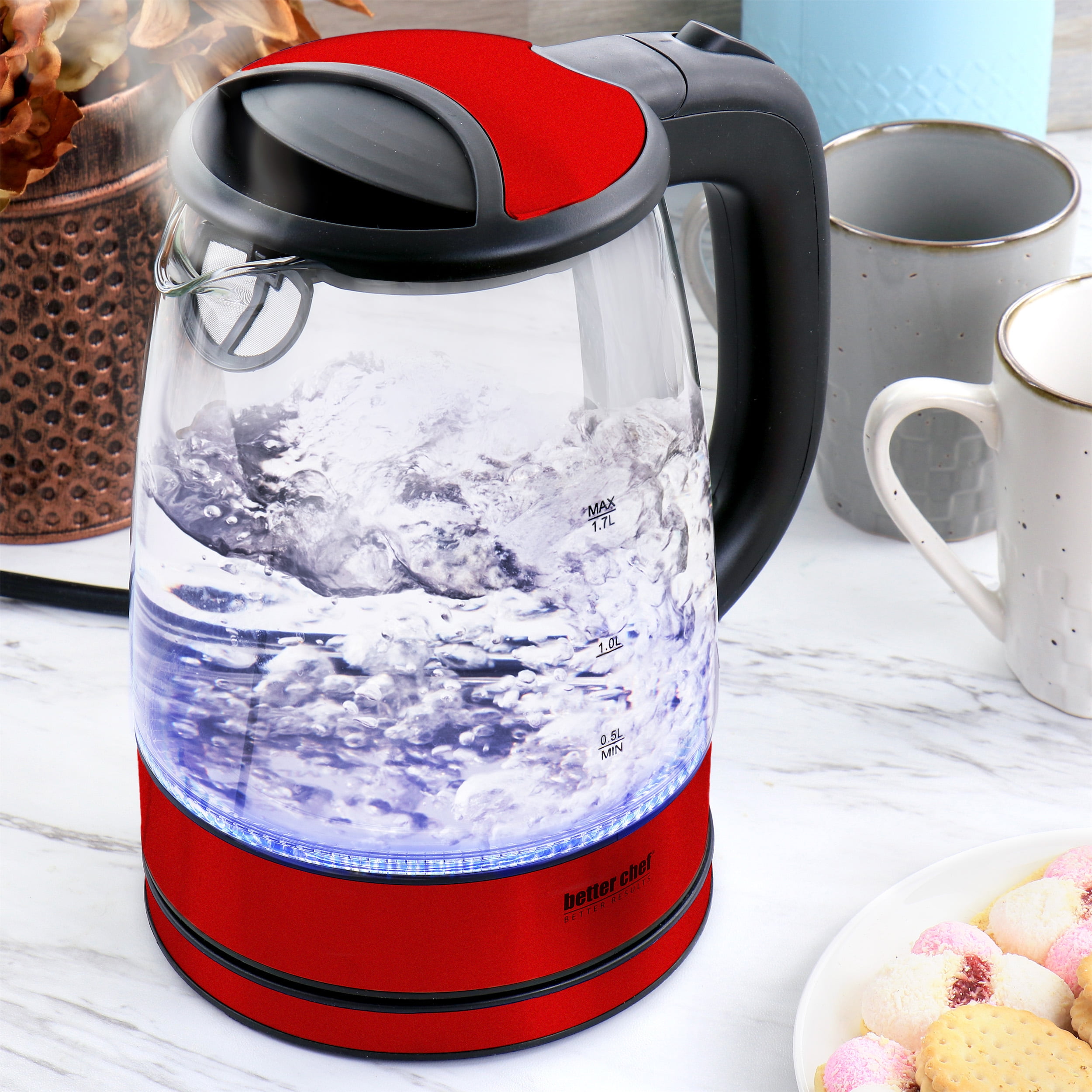 Better Chef 1.7 Liter 360 Degree Glass Cordless Electric Kettle in Red