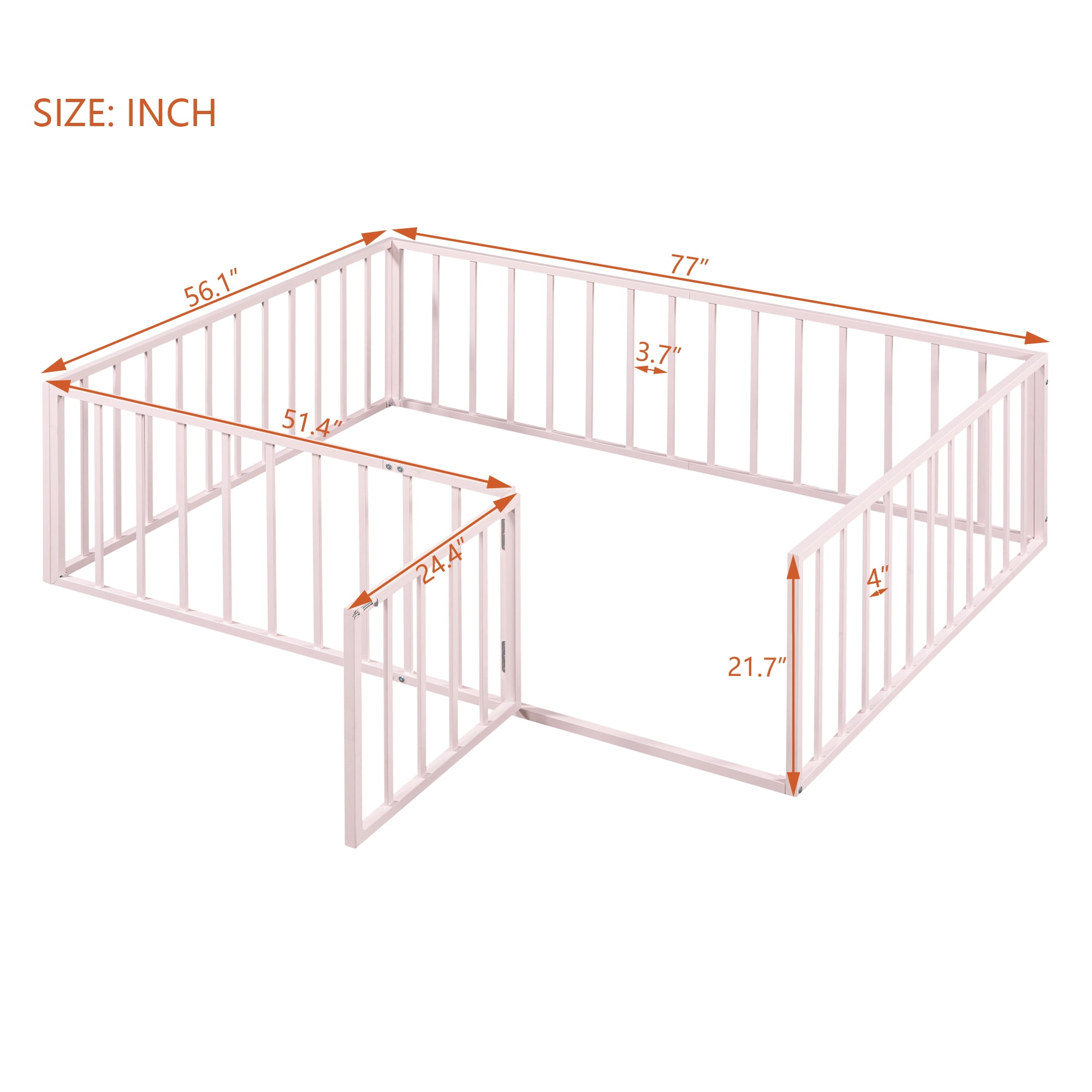 Harper & Bright Designs Full Floor Bed Frame for Kids, Metal Montessori Floor Bed with Rails and Door, Floor Full Size Bed Frame with Fence-Shaped Guardrails, Pink