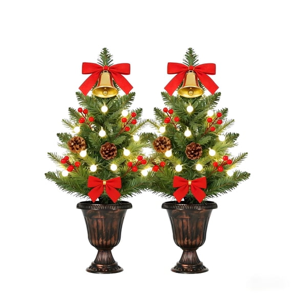 2 Pack Tabletop Christmas Trees, 24 Inch Artificial Small Christmas Trees with Pine Cones & Red Berries, Mini Xmas Tree for Home Table Windowsill Office Desk Mantel Decorations