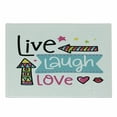 thumbnail image 1 of Live Laugh Love Cutting Board, Lively Colors Cartoon Arrows with Geometric Shapes Kiss Hearts Phrase Print, Decorative Tempered Glass Cutting and Serving Board, Small Size, Multicolor, by Ambesonne, 1 of 1