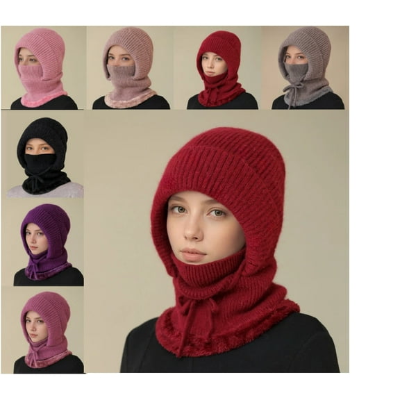 3 in 1 Beanie Hat for Women, Womens Winter, Cold Knitted Hats Wind Resistant Hooded Scarf, Thick Plush-Lined Red Free