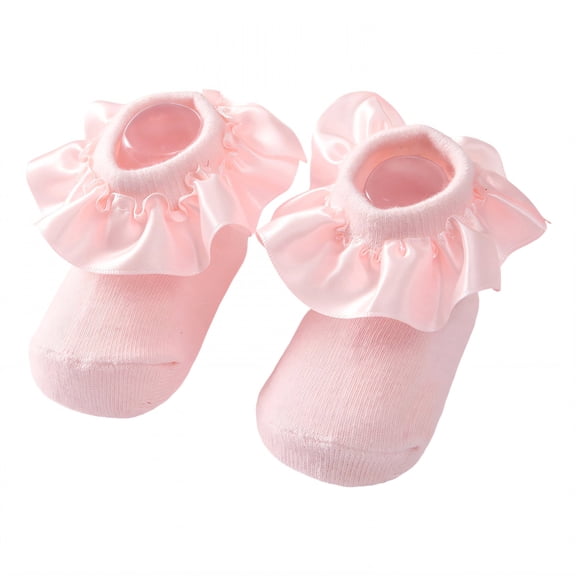 TELOLY Kids Socks,0-12 Months Ruffle Socks,Satin Lace Trim Lace Socks,Pink1
