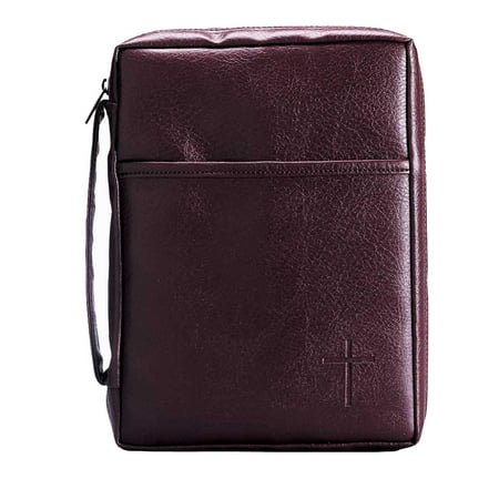 Burgundy Embossed Cross with Front Pocket Small Leather Look Bible Cover with Handle