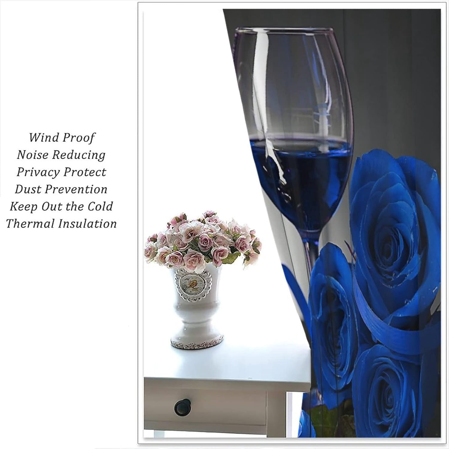 Blue Rose Wine Curtains Romantic 3D Rose Wine Glass Blossom Floral Flower Petals Valentines Curtain with Rod Pocket for Bedroom Living Room Drapes Window Treatments 2 Panels Set 84x84in