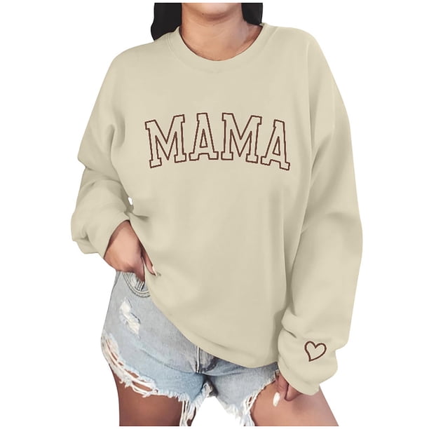 Sudaderas Penkiiy Mama para mujer Sweatshirt crewneck de gran tamaño holgado Suéter de manga larga para el Día de la Madre M Beige