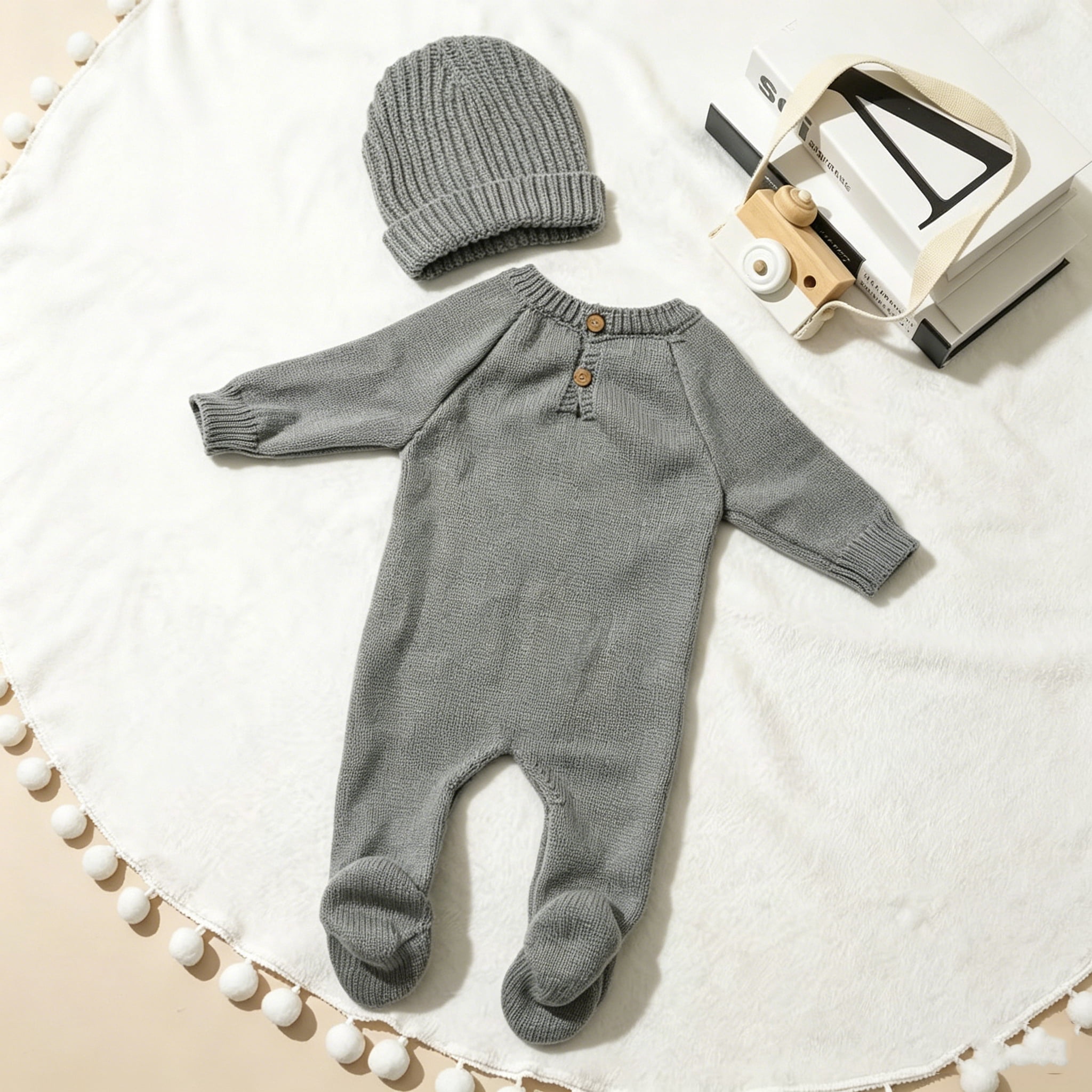 "Hello" Embroidery Knitting Onesie Newborn Birth Announcement Outfits Footed Jumpsuit Baby Boy Girl Photography Props Newborn