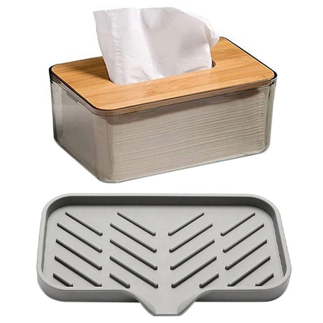 1 caja dispensadora de pañuelos con tapa de madera de bambú y 1 bandeja de silicona para jabón de cocina, bandeja para fregadero, escurridor de esponja