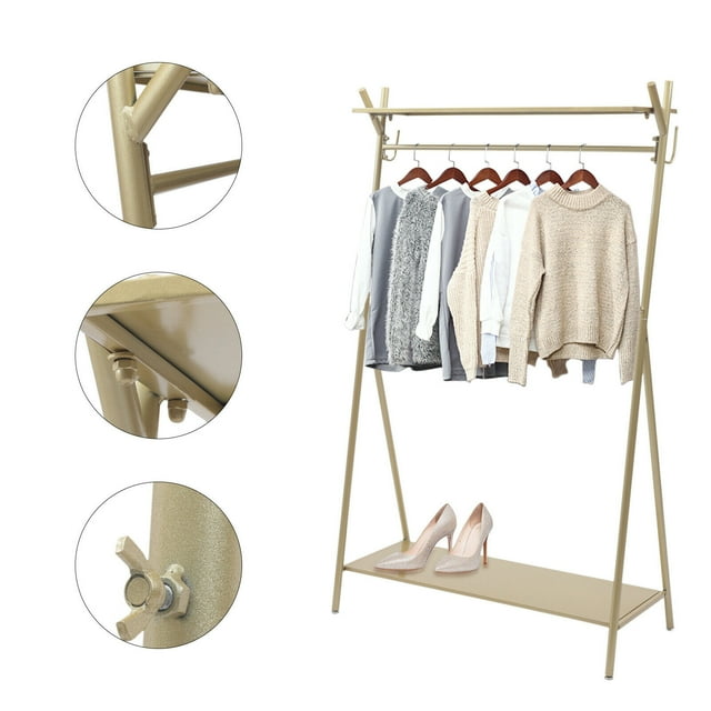 Freestanding Iron Clothes Rail Garment Hanging Coat Rack W/ Double