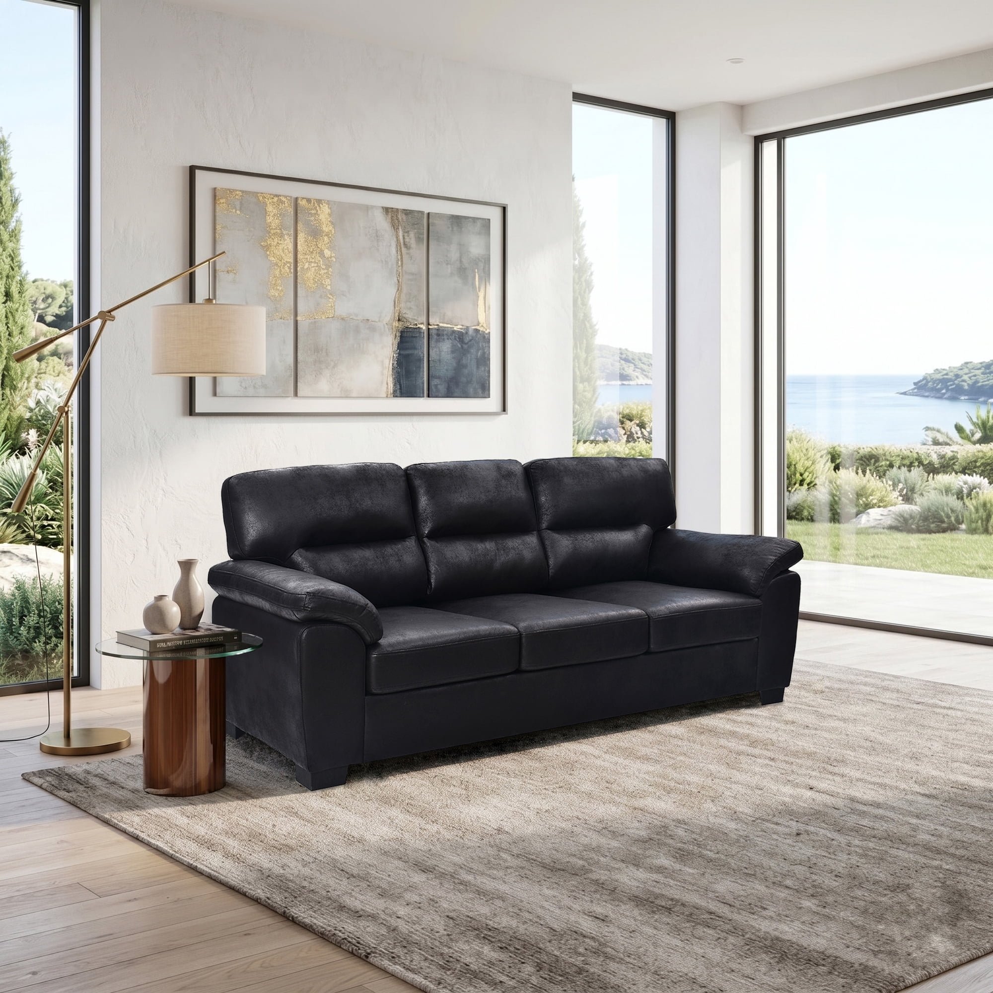 Upholstered 3-Seat Sofa Couch, Overstuffed Three Seater Sofa with High Padded Backrest, Thick Seat Cushions and Pillow-Top Arms, Comfortable Living Room Couch for Apartment and Family Room