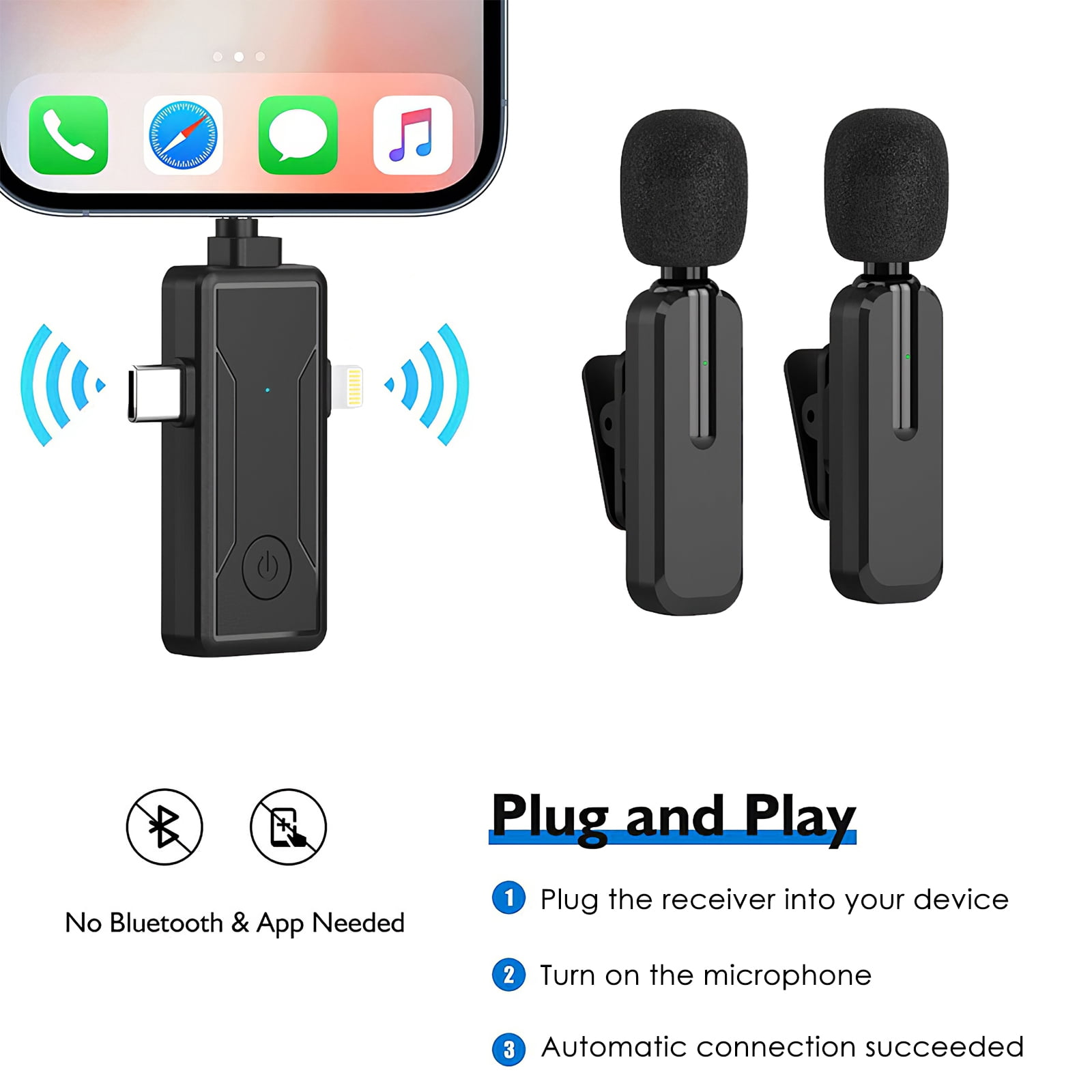 3 in 1 Wireless Mini Lapel Microphone Compatible with iPhone iPad Android Camera for Audio Video Recording Tiktok YouTube Podcast Vlog, Black
