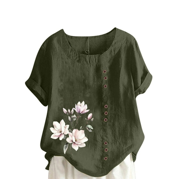 Vestidos Casuales Para Mujer, Blusas De Mujer De Moda Blusa informal de lino con cuello redondo, manga corta y botones para mujer