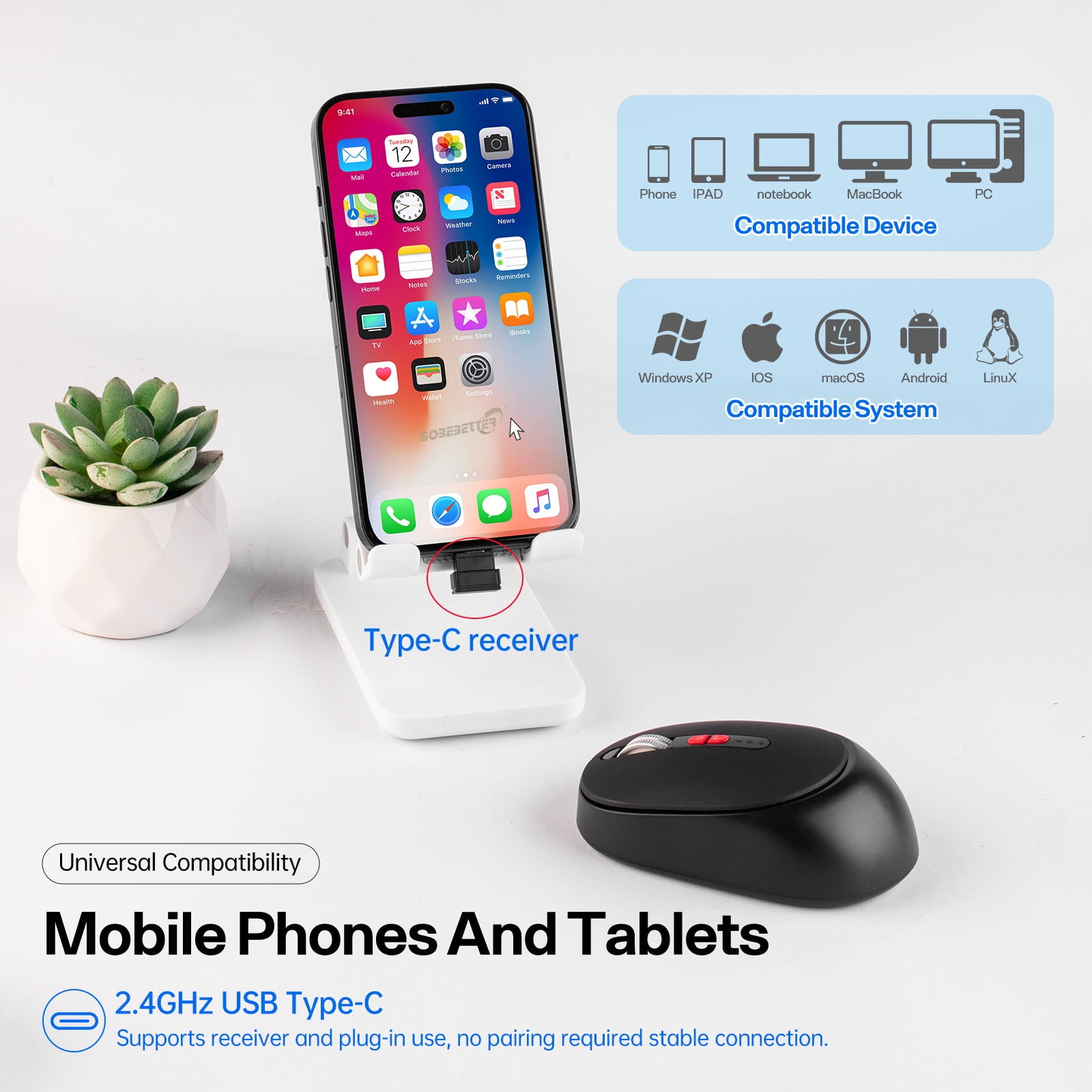 Type-C Dual Port Wireless Bluetooth Mouse, Rechargeable 2.4G/USB-C Mouse with Battery Display, for MacBook, Laptop, PC, Tablet, Phone