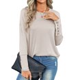 thumbnail image 3 of VISgogo - Camiseta holgada informal para mujer, color sólido, cuello redondo, manga larga, puños recortados con botones VISgogo  moda, 3 of 9