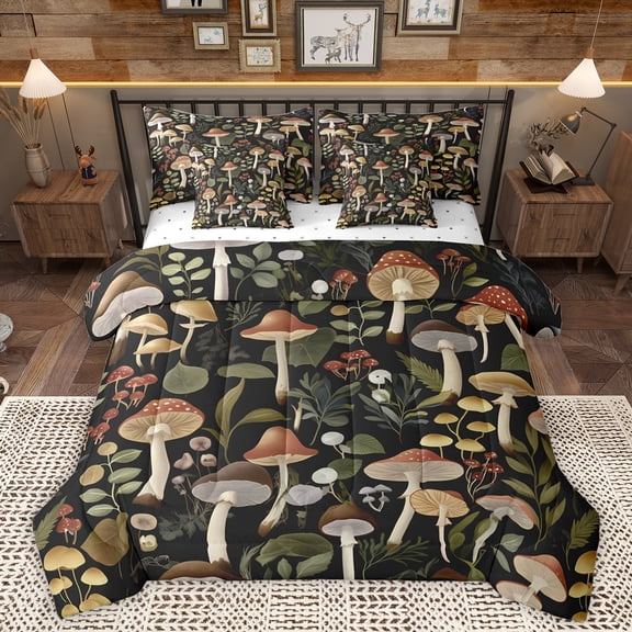 Homewish Country Mushroom Leaf 7-Piece Twin Bedding Sets,Retro Rustic Fungus Bedding Comforter Set,Brown Green Black Sheet Sets For Bots Girls,Ultra Soft Home Decor Reversible