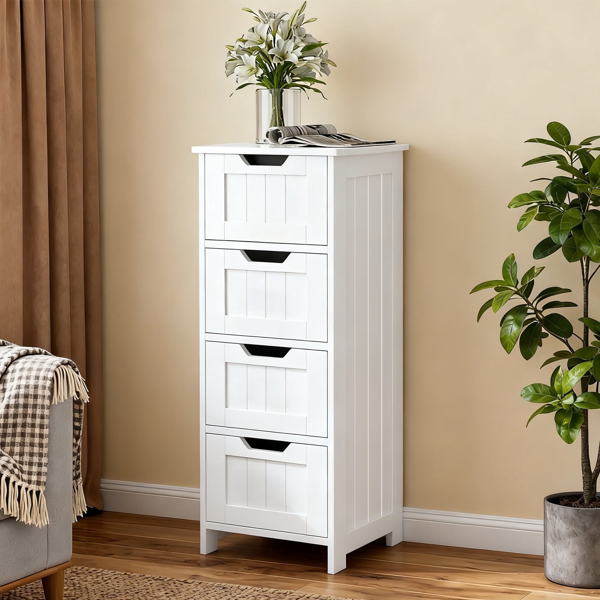 Dalattin Floor Bathroom Storage Cabinet with 4 Drawers, Freestanding Cabinet Organizer Unit for Living Room Bedroom, White