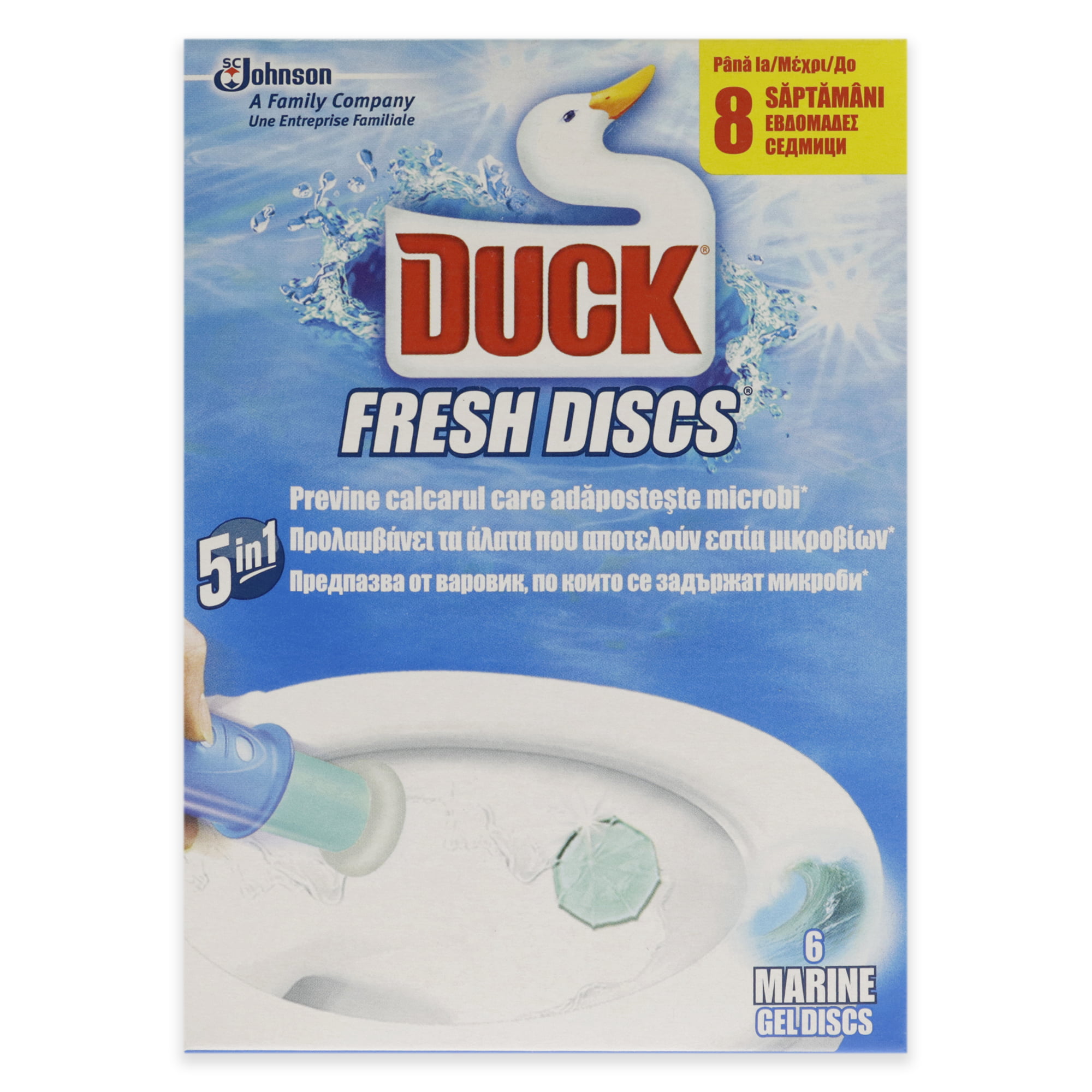 DUCK® FRESH DISCS. FABULOUS FRAGRANCE. NO GERMY CAGE., Fresh Discs mean  you won't have to lift a feather to keep the room smelling like ocean  breezes. Talk about bathroom paradise!