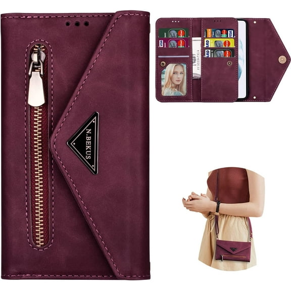 Wallet Case for Samsung Galaxy S22 Plus (Not S22), Crossbody Neck Strap Lanyard Purse Handbag Shoulder Strap Cover with ID Card Holder Phone Case for Samsung Galaxy S22 Plus XK Wine