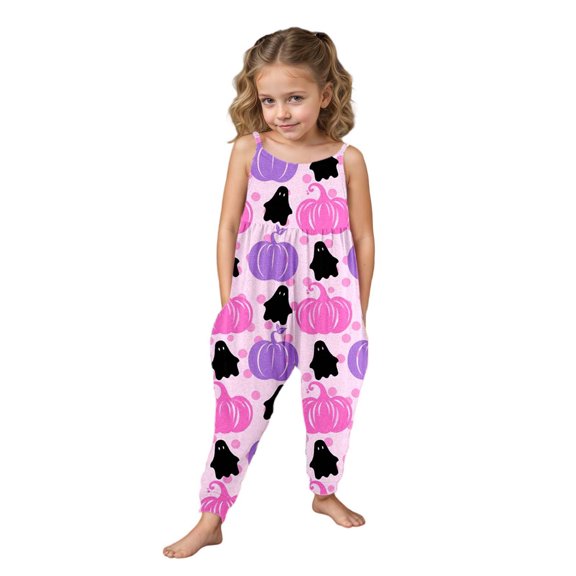 Curuila Child Kids Girls Halloween Jumpsuits Sleeveless Hallowmas Pumpkin Print Crew Neck Bodysuits For Girls Loose Fit Fashionable Clothes Light Purple Size 3-4 Years
