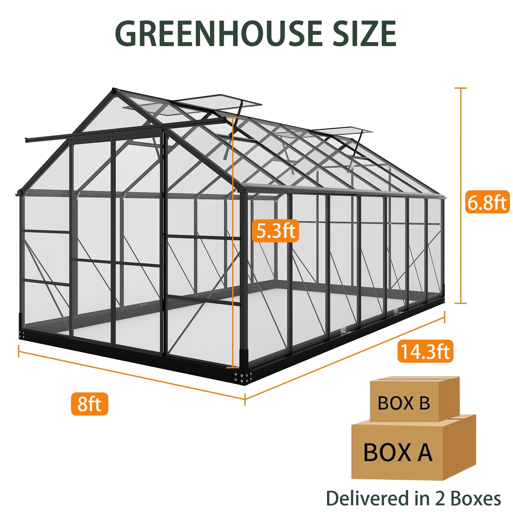 8x14 FT Greenhouse Outdoor, Akaber Walk-in Garden Greenhouse with Polycarbonate Panels, Aluminum Frame Windproof Greenhouses for Outside