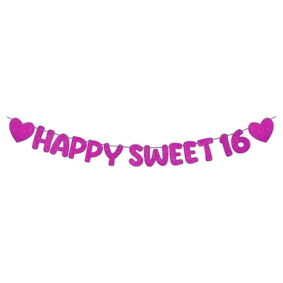 Rose Red Glitter Happy Sweet 16 Birthday Banner, Pre-Strung Glitter Happy 16 Birthday Party Sign for Sweet 16 Birthday Party Decorations