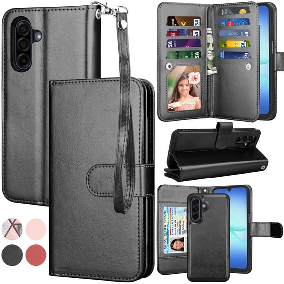 For Samsung Galaxy A17 5G Case Wallet with Card Holder, Lanyard and Kickstand for Women Men, Ebizware Magnetic Flip Detachable PU Leather Wallet Phone Case Cover for Samsung Galaxy A17 5G - Black