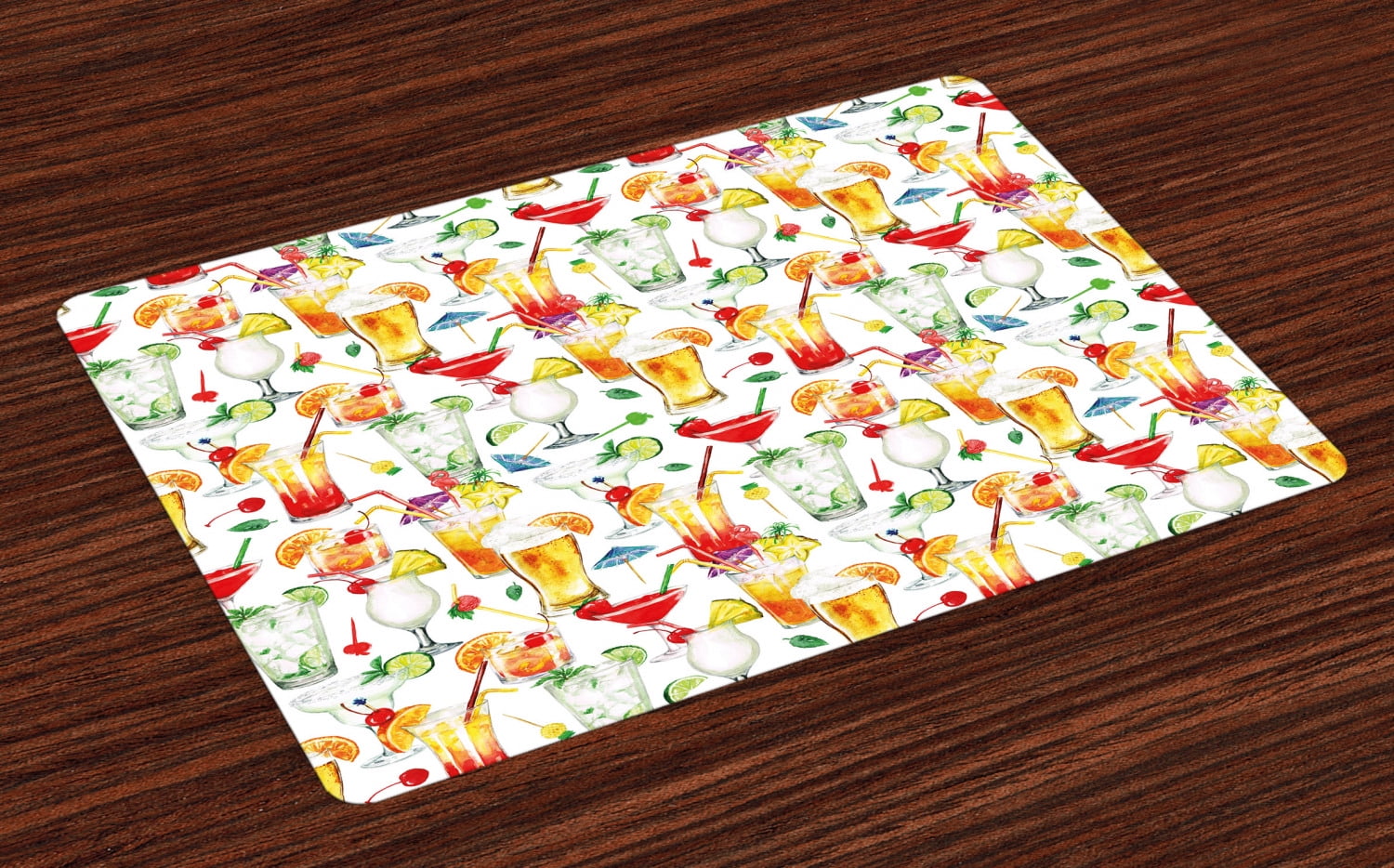 Tiki Bar Placemats Set of 4 Exotic Cocktails Summer Drinks Fresh Juicy Beverages Watercolor