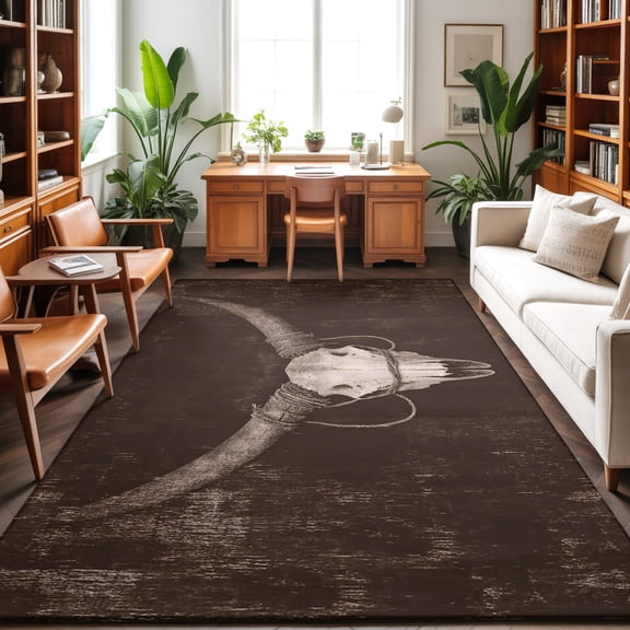 8'x10' Area Rugs, Longhorn Skull Indoor Outdoor Area Rug for Living Room Bedroom, Boho Brown Distressed Wooden Washable Bathroom Rugs Kitchen Floor Carpet Mats Home Decor Aesthetic