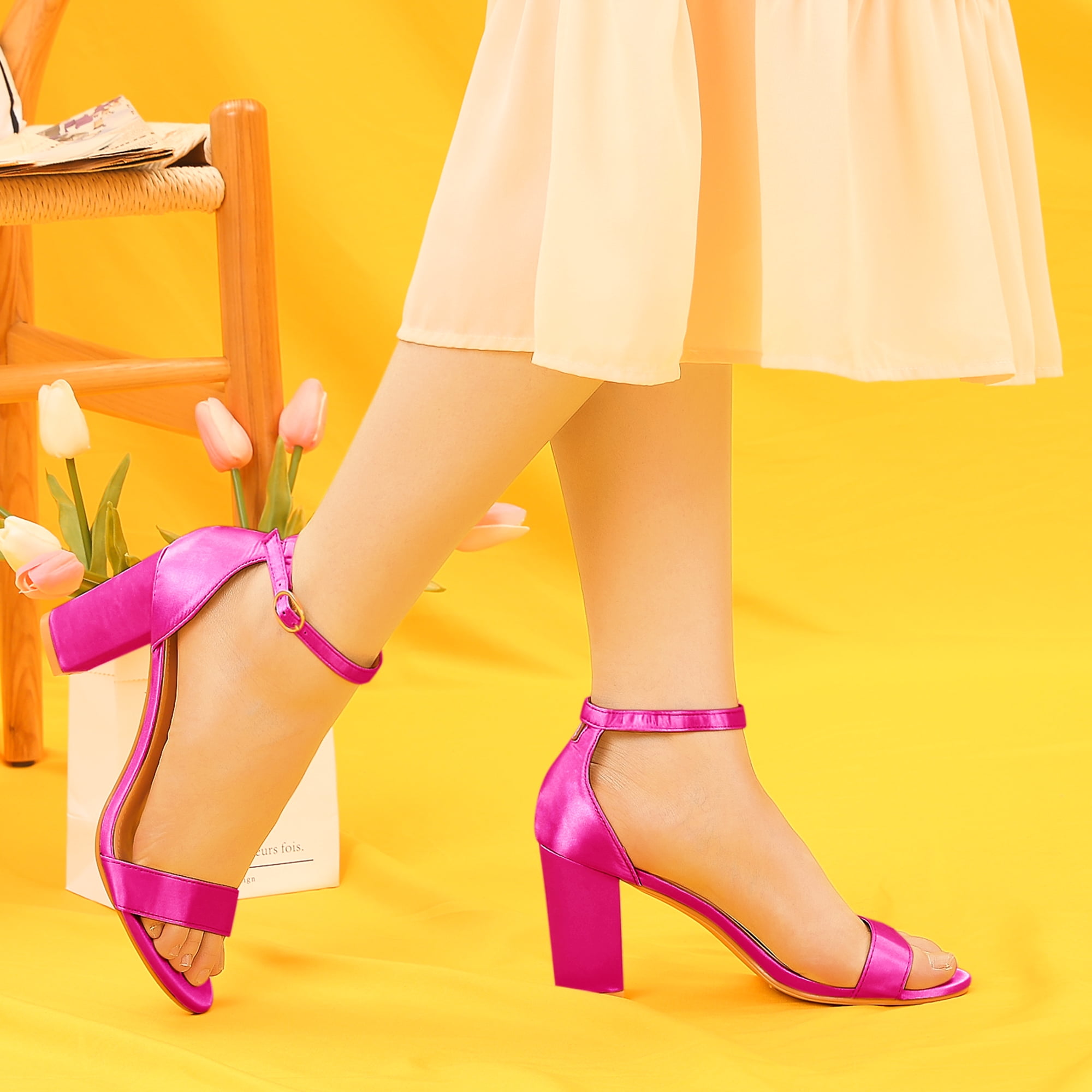 DARING DIVA Women's Satin Ankle Strap Chunky Heels Hot Pink 5.5