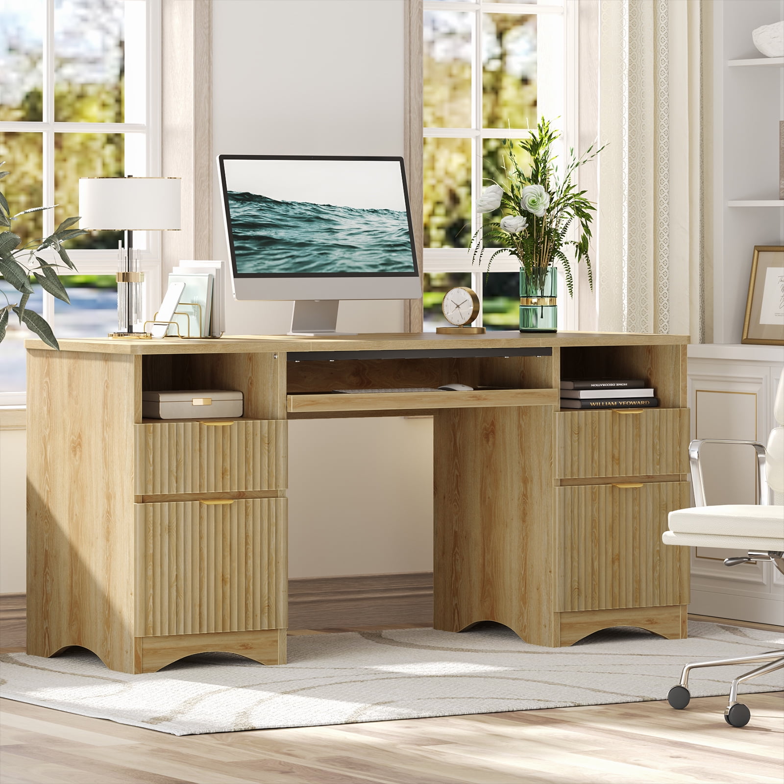 Bestier 59" Home Office Computer Desk with Keyboard Tray and Storage Drawers, Modern Executive Desk for Writing Reading, Oak