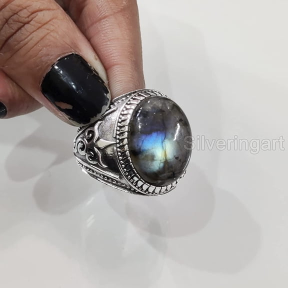 Labradorite Mans Ring, Natural Blue Fire Labradorite, Unisex Ring, Silver Jewelry, 925 Silver Ring, Birthday Gift, Heavy Men Ring, Arabic Design, Ottoman Style Ring, Christmas, Turkey Mens Signet Ring