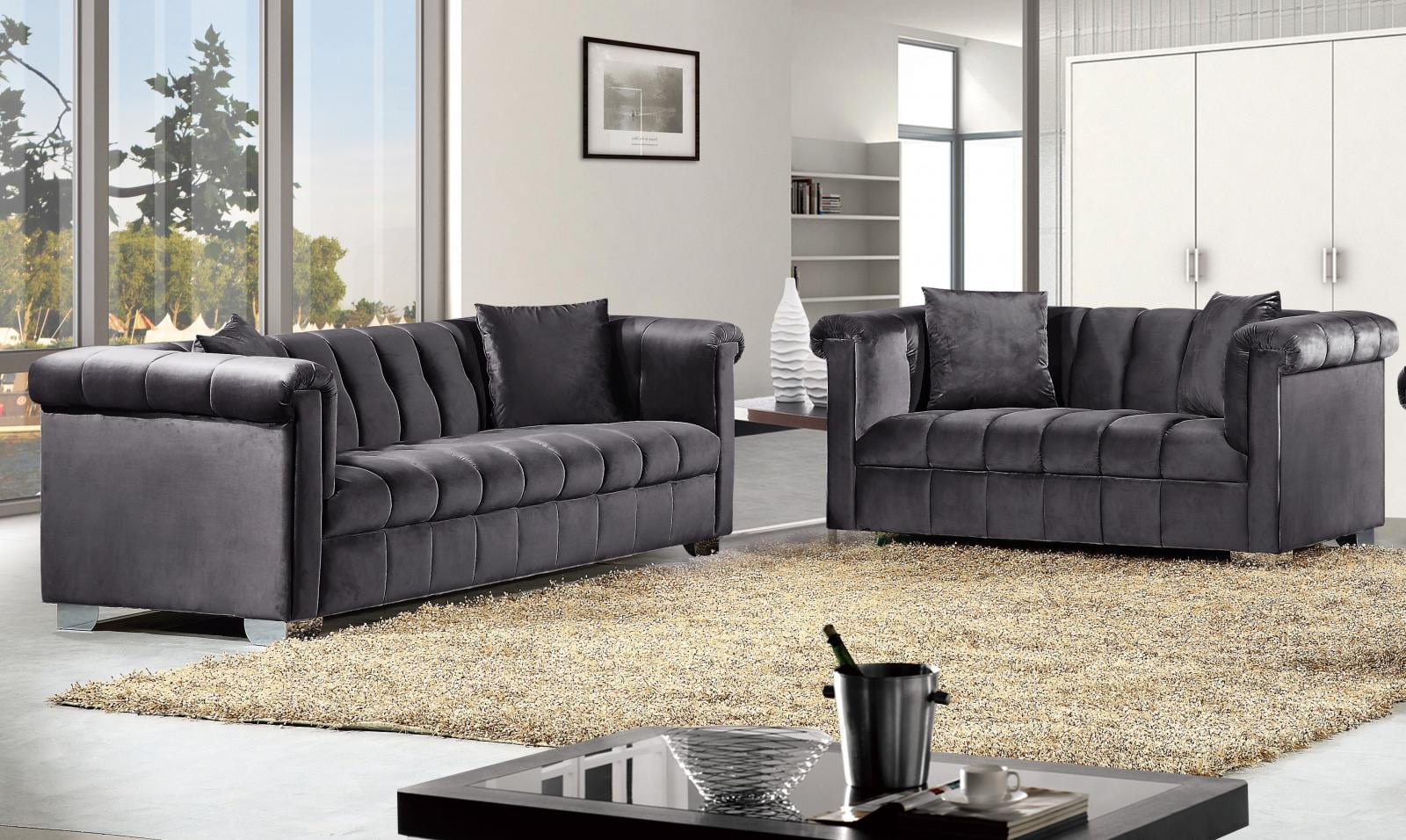 Grey Velvet Tufted Sofa & Loveseat Set 2Pcs Modern Meridian Furniture