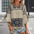 thumbnail image 3 of Patchwork Textile Blue Beige Design Women's V-Neck Blouse With 3/4 Ruffled Bell Sleeves Casual Top Ladies Blouses, 3 of 7