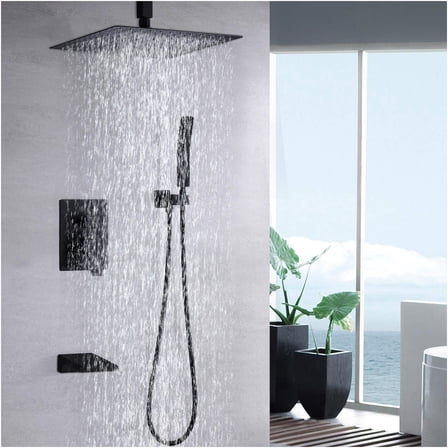 JERFIT Matte Black 10" Rain Shower System Combo with Handheld Showerhead, Pressure Balancing Valve & Tub Spout, All-in-One Wall Mount Luxury Bathroom Set