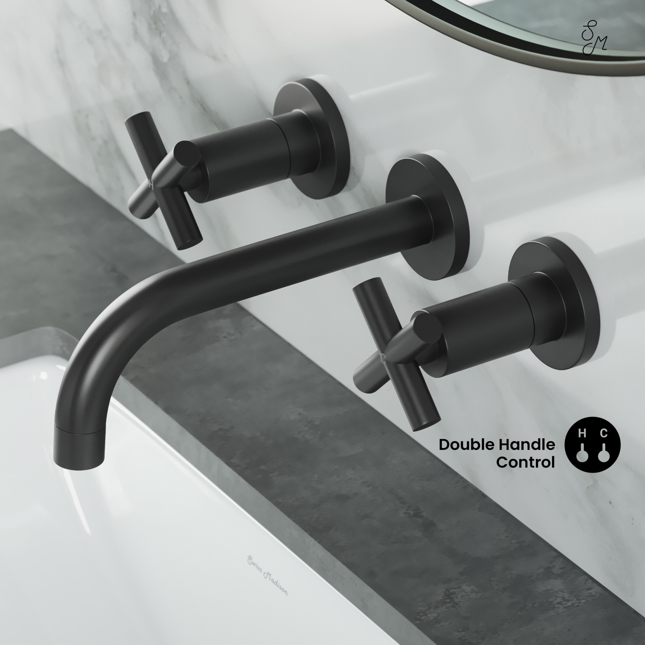 Ivy 8 in. Widespread Double Cross-Handle Wall Mount Bathroom Faucet in Matte Black