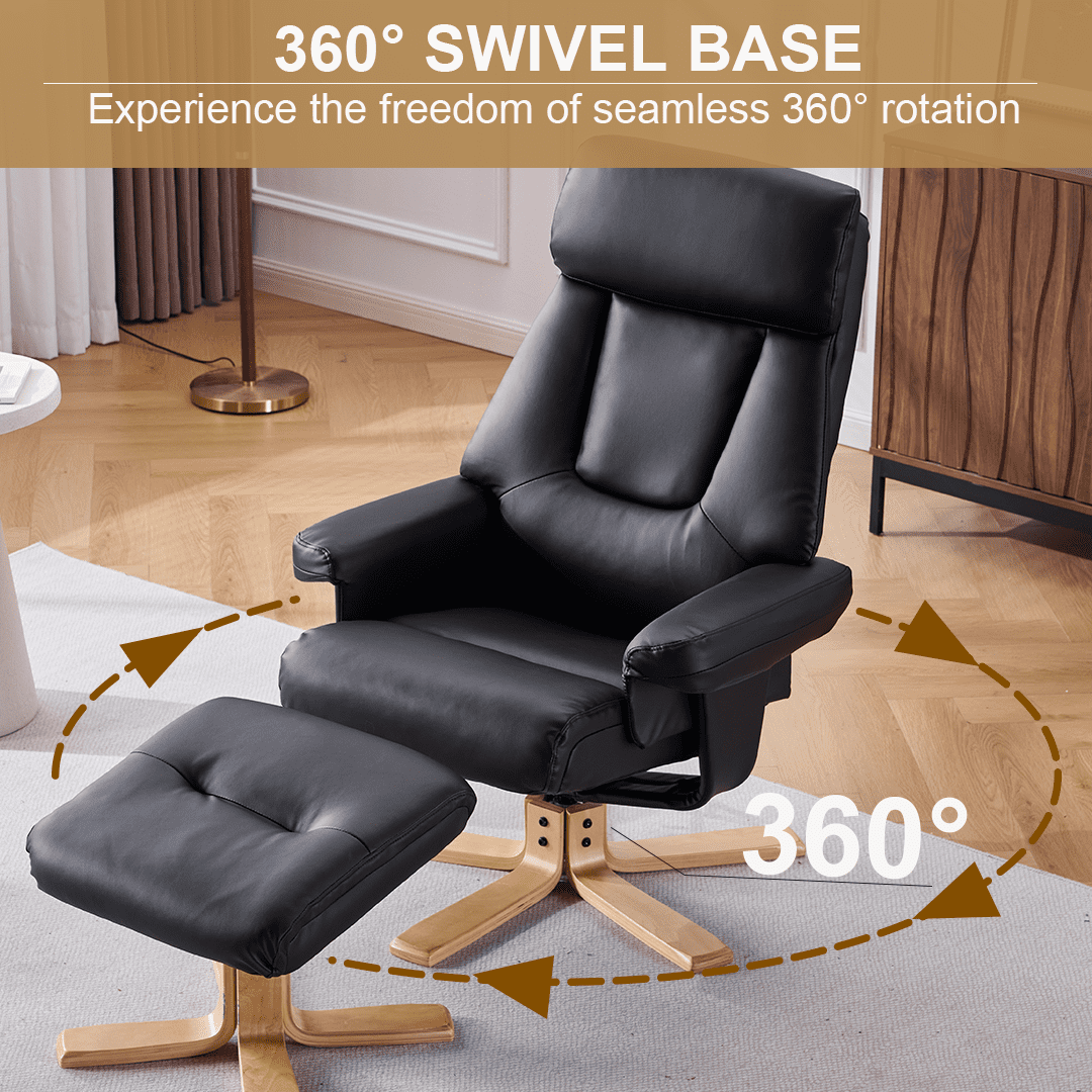 Black PU Leather Heated Massage 360 Degree Swivel Accent Chair, Ergonomic Single Sofa with Ottoman and Adjustable Backrest for Living Room Bedroom Office Apartment, Black