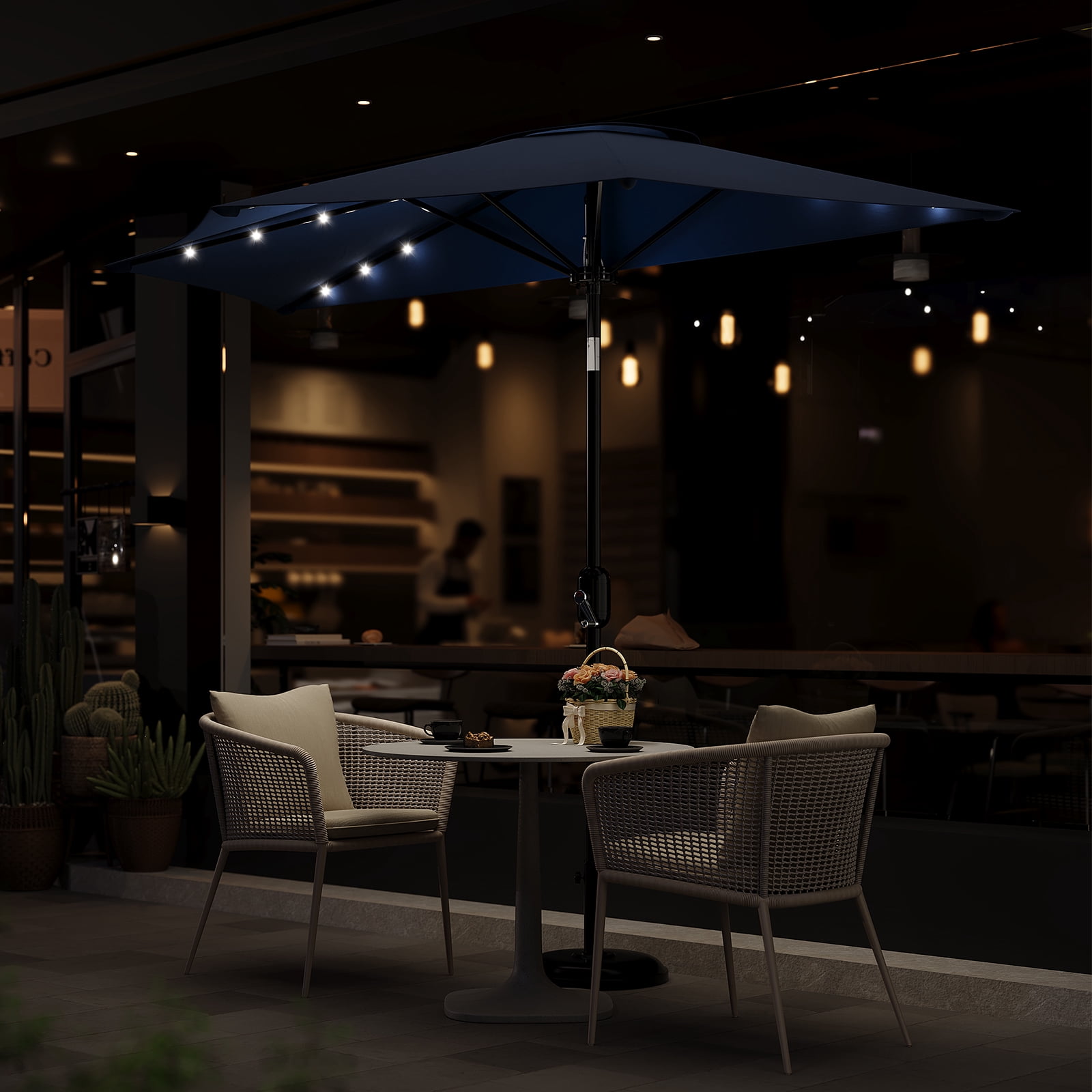 9FT Half Patio Umbrella with Lights – Durable Outdoor Shade Canopy, Smooth Crank Lift, UV Protection – For Patio, Garden, Deck, Balcony, Table